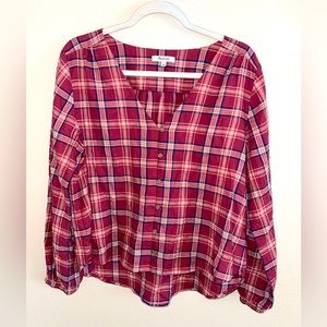 Madewell Plaid‎ V Neck Button Up Long Sleeve Top size Large